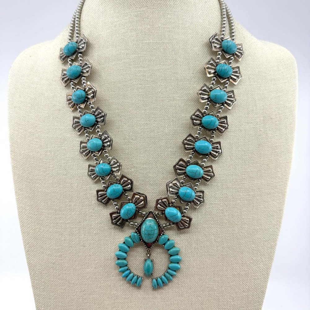 Faux Turquoise Silver Tone Squash Blossom Boho Western Bold Statement Necklace
